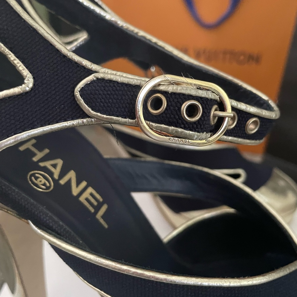 "Navy Canvas Chanel Pumps with Gold Heel - Authentic Luxury on Poshmark" - Picture 7 of 11